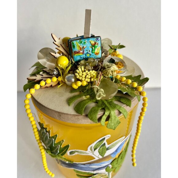 Blue Bird Upcycled Assemblage Art Upcycled Candle Holder Yellow Glass Storage - Picture 5 of 10